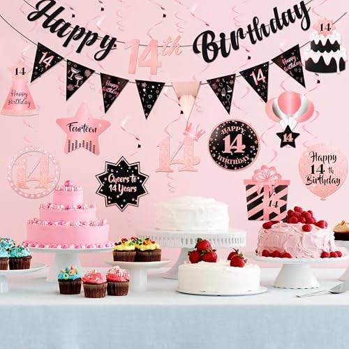 Image of 14th Birthday Decorations for Girls Rose Gold Pink Pre Strung Happy 14th Birthday Banner and Hanging Swirls 14 Year Old Party Decorations Supplies
