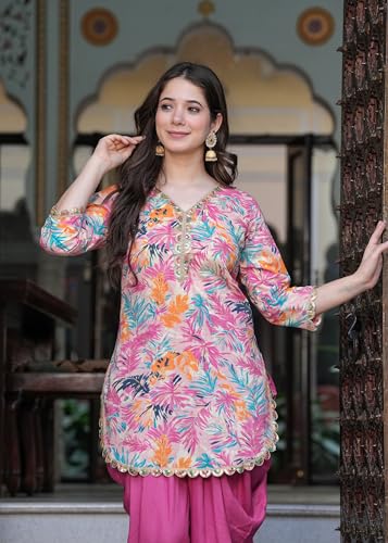 Image of Floral Print Cotton Kurta and Dhoti Set for Women Designer