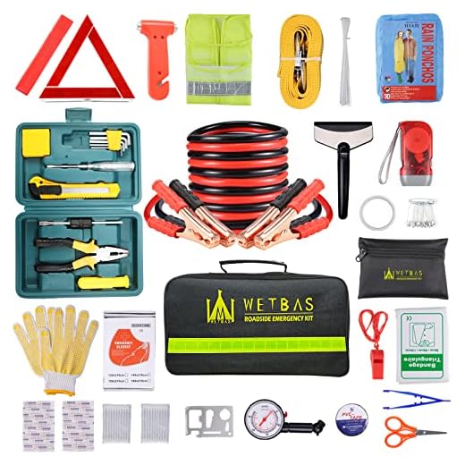 WETBAS Car Roadside Emergency Kit, Auto Vehicle Safety Emergency Road Side Assistance Kits Essentials with Jumper Cables, Tool Kit, Safety Hammer, Reflective Warning Triangle, Tow Rope, etc