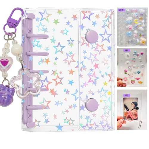 Muratuki 透明バインダー 星柄 シール収納手帳M5,プラバン ミニ ポケットサイズ【バインダー×1個 リフィル×20枚 下敷き×2枚 ミニ財布×1個】3層構造PPシート カードスリーブ 推し活収納 剥がせるシール台紙 女の子 コラージュノート クリア手帳 プリ帳 システム手帳 (紫)