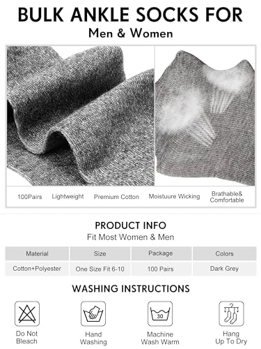 Image of Tarpop 100 Pairs Bulk Mens Socks Moisture Wicking Casual Sports Ankle Socks for Homeless Unisex Adult Men Women