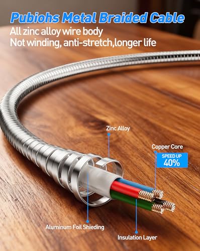 Image of Metal Braided USB-C to USB-C Cord Chew Proof - 6.6ft 60W PD Fast Charging & Data Sync, Stainless Steel Indestructible Tangle-Free Cat Dog Chew Proof Charger Cable for iPhone 17 16 Galaxy Pixel, Silver