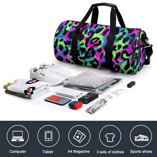 Neon Leopard Print Travel Gym Bag for Women Men Cylindrical Duffle Bag Sport Workout Bag with Shoulder Strap4