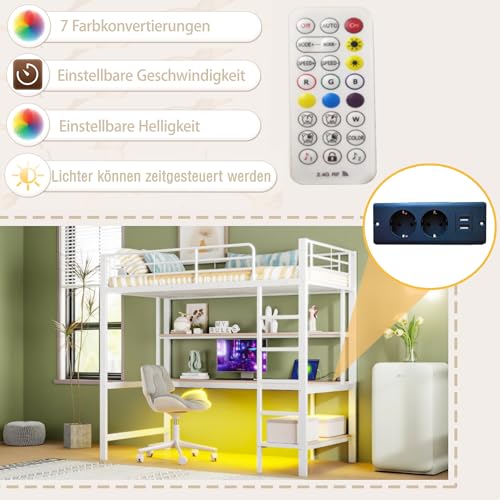 Cama alta 90x200 con escritorio y estantería de metal blanco con enchufe usb 7