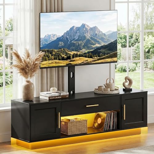 RALGEND 59 Modern TV Stand with Mount and Power Outlet Swivel TV Stand for 32/55/65/75 inch TVs Height Adjustable LED Entertainment Center Media TV Console Table for Living Room Bedroom Black