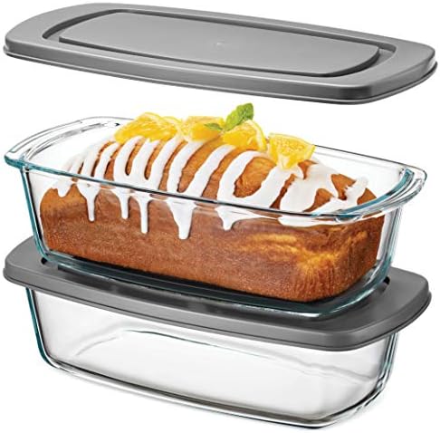 FineDine Glass Loaf Pan with Lid - 2-Pack with BPA-free Airtight Lids - Perfect for Baking Bread, Meatloaf, and More