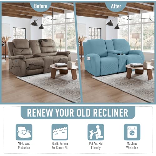 Image of TAOCOCO Recliner Loveseat Cover with Middle Console Sofa slipcover, Stretch Reclining Sofa Covers for 2 Seat Reclining Couch, Jacquard Pattern Soft Loveseat Slipcover Furniture Protector, Dusty Blue
