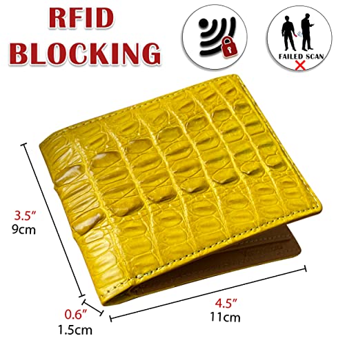 Image of HATA Yellow Exotic Bifold Leather Wallet with Hidden Compartment, Men's Minimalist RFID Blocking Wallet with ID Window & Credit Card Holder, Men Handmade Gift for Birthday, Father's Day VINAM-109