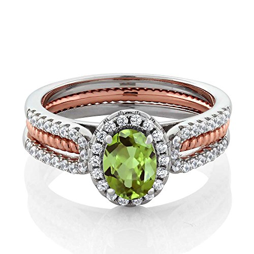 Gem Stone King 925 2-Tone Sterling Silver Green Peridot Wedding Band Insert Engagement Women's Ring (1.42 Ct Oval) (Size 7)