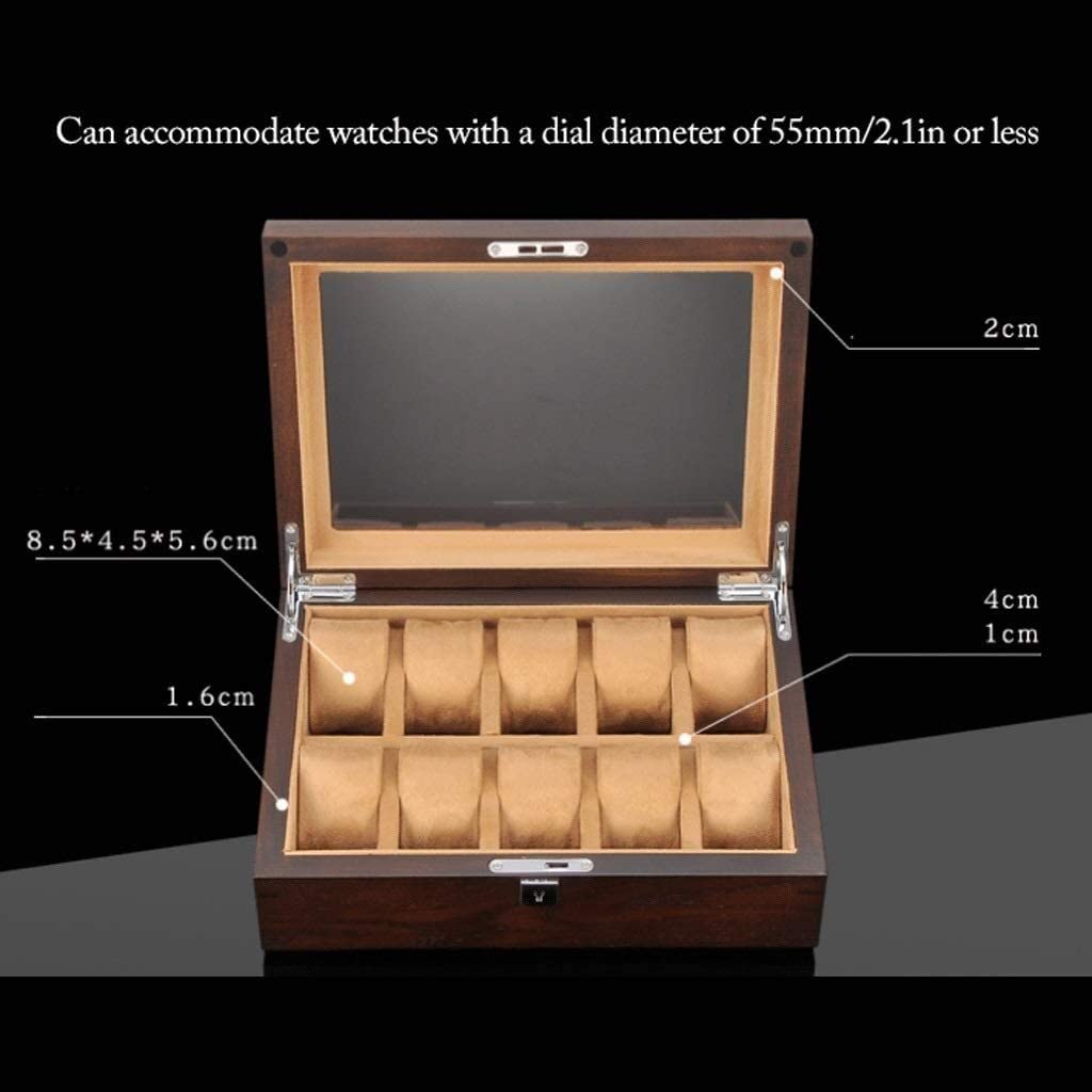 Uhrenrolle, Uhrengehäuse, Uhrenständer, Uhrenbox, Massivholz-Uhrenbox, 10 Fächer, hölzerne Schmuckschatulle mit Schlüssel und Glasplatte, Schmuckaufbewahrung, Organizer, Ausstellungsbox,