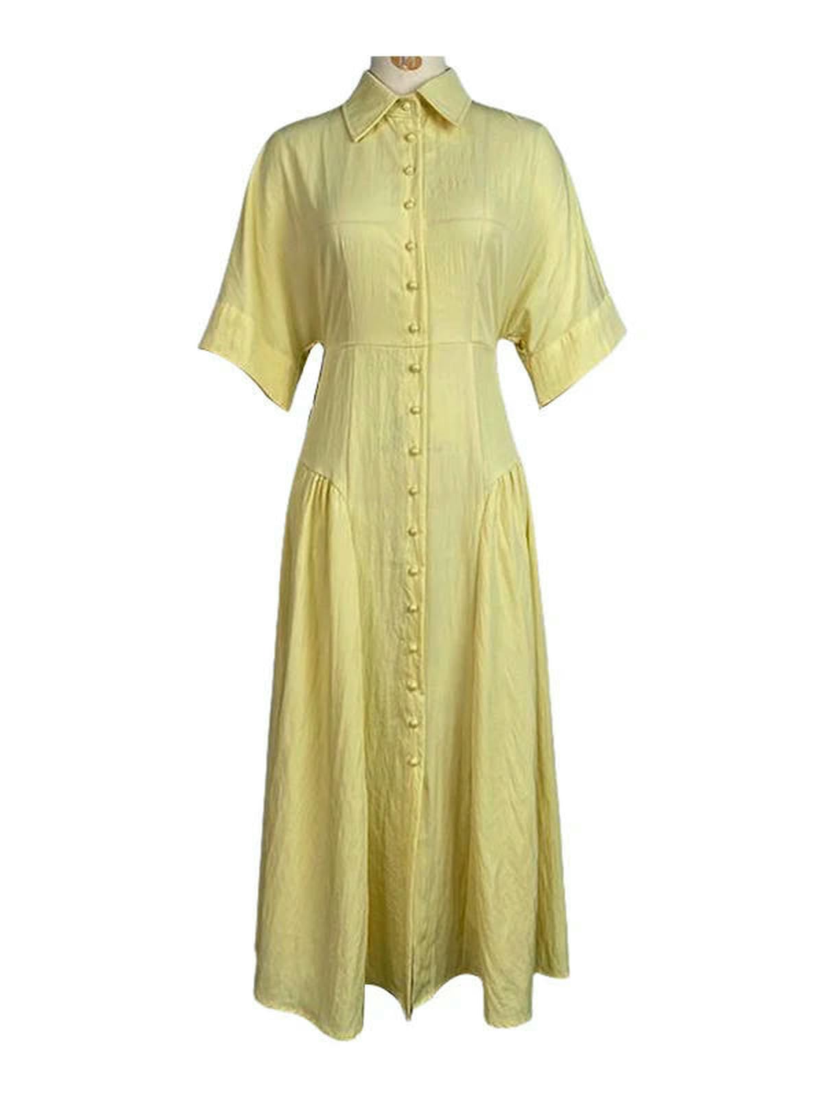 Vestito Donna Estate Eleganti Abiti Midi in Alto con Maniche Corte Giro per La Vita Abbottonate Fluidi Un Abito da Camicia Donne-Abiti Gialli-m