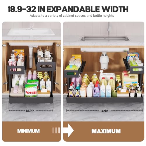 Image of 1 Pack-19 inch-32 inchW Expandable Under Sink Organizer With Upgrade Ball-Bearing Slide,2-Tier Pull Out Under Cabinet Organizer Height Adjustable,Not Suitable For Cabinets With Partitions In The Middle