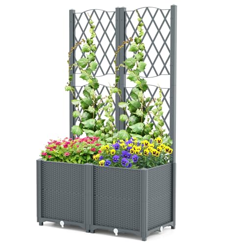 HOMASIS Jardinera con Celosia Exterior de PP, Jardinera Elevada Rectangular con Soporte para Plantas Trepadoras, Autoriego,Cama de Jardín Grande para balcón,Terraza,Patio (Gris, 80x40x140cm)