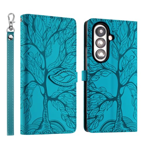 Étui portefeuille Galaxy Z Fold 7 en cuir rétro turquoise avec porte-cartes et sangle