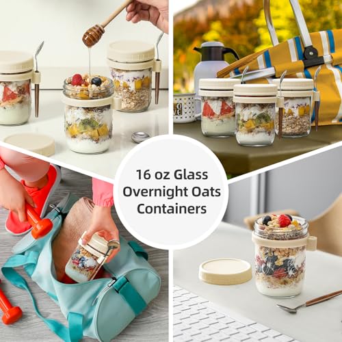 Image of LANDNEOO 4 Pack Overnight Oats Containers with Lids and Spoons, 16 oz Glass Mason Jars with Airtight Lids, Overnight Oats Jars for Milk, Cereal, Fruit-Beige