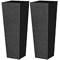Greesum 32 Inch Tall Plastic Planters with Rattan Texture – Set of 2, Detachable Inner Pot & Drainage Holes, Indoor/Outdoor Decorative Flower Pots for Large Plants, Trees, Patio, and Garden, Black