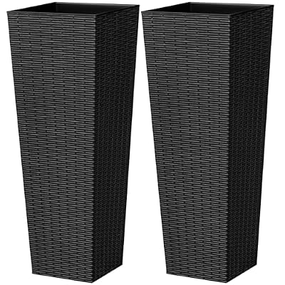Greesum 32 Inch Tall Plastic Planters with Rattan Texture – Set of 2, Detachable Inner Pot & Drainage Holes, Indoor/Outdoor Decorative Flower Pots for Large Plants, Trees, Patio, and Garden, Black