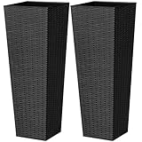 Greesum 32 Inch Tall Plastic Planters with Rattan Texture – Set of 2, Detachable Inner Pot & Drainage Holes, Indoor/Outdoor Decorative Flower Pots for Large Plants, Trees, Patio, and Garden, Black