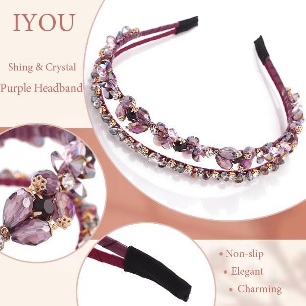 IYOU Shiny Rhinestone Headband Purple Rhinestone Hair Bands Vintage Wedding Guest Hair Accessories for Women - Image 3