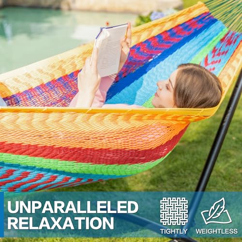 Image of PNAEUT Double Hammocks with Stand for Outside, Portable Space Saving Heavy-Duty Steel Stand for Indoor Outdoor Patio (Mayan Rainbow)