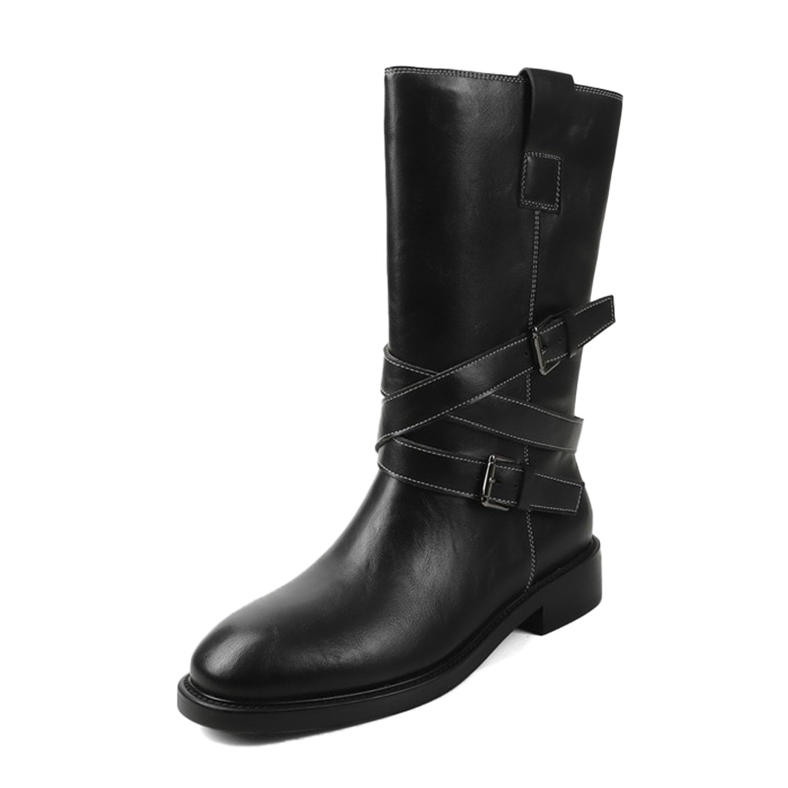 Womens Leather Chunky Heel Mid Calf Riding Boots With Belt Buckle Comfortable Round Toe Fall Winter Low Heeled