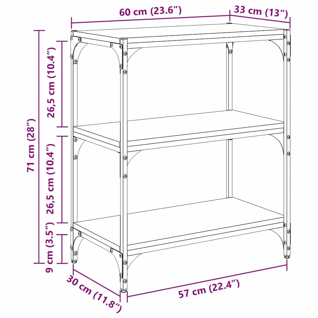 Libreria in legno anticato, 60 x 33 x 70,5 cm, con 3 ripiani, per soggiorno, ufficio e corridoio, robusto design industriale, molto spazio, divisorio da parete e stanza