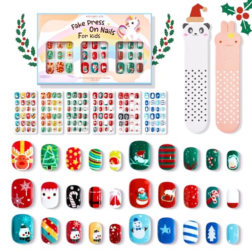 Modelones Christmas Press on Nails for Kids 144Pcs 6 Pack Children Girls Toys 8-10 Acrylic Fake Nails Pre-glue Full Cover Snowflake Red Xmas Short False Nail Art Kits Sets Gifts For Kids Girls