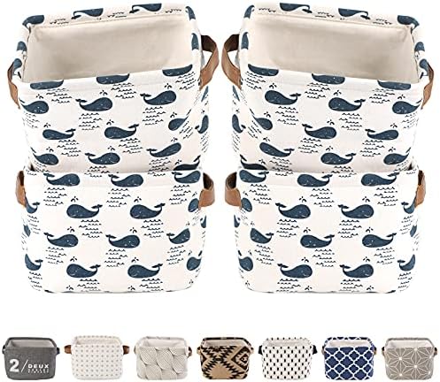 LessMo 4 Pack Storage Baskets, Collapsible Mini Storage Boxes, Canvas Fabric Waterproof Storage Bins made from Cotton and Linen, for Toys, Bathroom, Closets, Playroom (TREE-LEAF, Thin/waterproof)