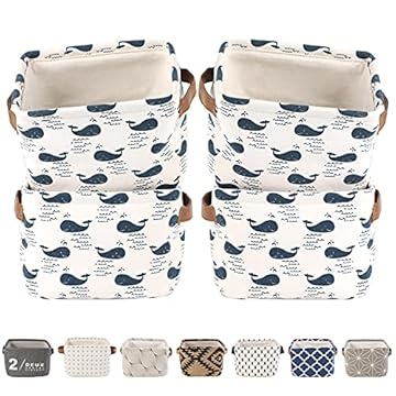 LessMo 4 Pack Storage Baskets, Collapsible Mini Storage Boxes, Canvas Fabric Waterproof Storage Bins made from Cotton and Linen, for Toys, Bathroom, Closets, Playroom (WHALE, Thick fabric)