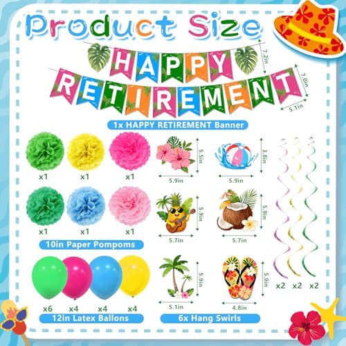Image of Luau Hawaiian Retirement Party Decorations Tropical Happy Retirement Banner Backdrop with Honeycomb Pom Poms Centerpieces Hanging Swirls Beach Summer Retirement Party Supplies