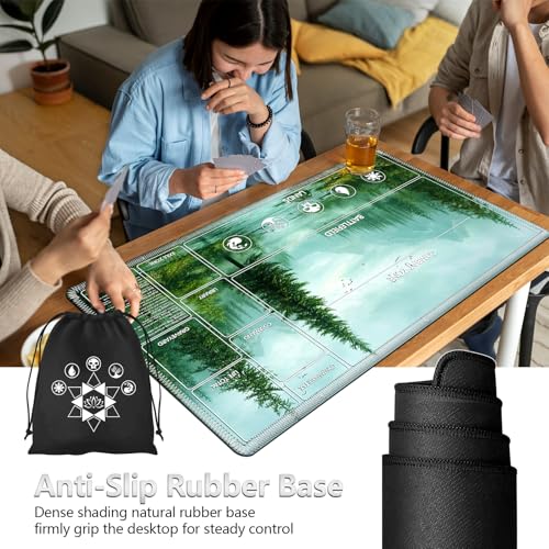 Image of for MTG Playmat with Card Storage Bag,Non-Slip Rubber Base & Smooth Surface 35.4x19.7in,Beginner-Friendly Magic Mat for Commander Deck,Foggy Forest Green