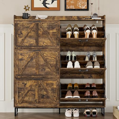 Image of BORNOON Shoe Cabinet with 6 Flip Drawers Narrow Shoe Storage Cabinet Organizer Wooden Freestanding Shoe Rack Hidden Slim Shoes Storage Cabinet for Entryway, Hallway, Living Room, Bedroom