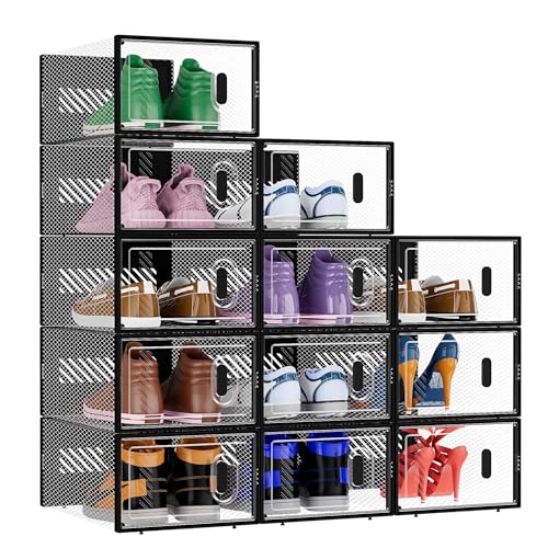 BALEINE 12 Pack Stackable Shoe Storage Boxes Fit Size 9, Thickened Clear Shoe Box Bins with Lids, Plastic Foldable Organizer Sneaker Storage Containers (Large, Black)