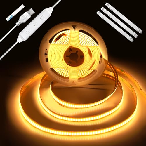 Enteenly Ruban LED COB 2 m, Rétroéclairage TV USB 5V avec Variateur et Fonction Mémoire, Ruban LED Dimmable Sans Points pour Éclairage Bias TV, Meuble et Ambiance, 2700K