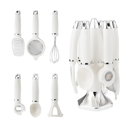 Kitchen Gadget Set 7 Pieces, Stainless Steel Cooking Utensils Set with holder Space Saving, Essential Kitchen Cooking Tools Includes Whisk Grater Bottle Opener Ice Cream Scoop Mesh Strainer (White)