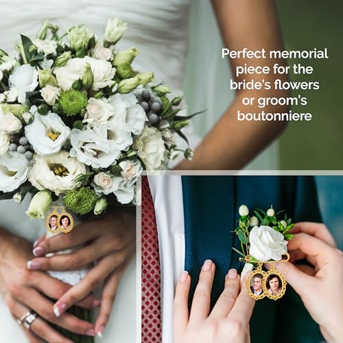 Gold Wedding Bouquet Photo Charm Pin Holds 2 Pictures Double Photo Charm Boutonniere Pin with Resizer4