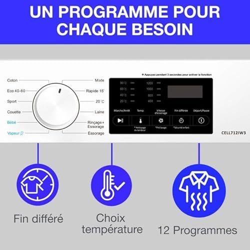 Lave linge hublot CONTINENTAL EDISON CELL712IW3 7 kg Induction 60 cm 1200 trsmin - vue 10