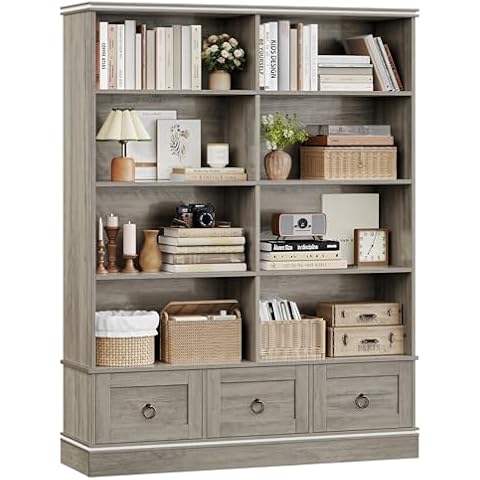 HOSTACK Farmhouse Bookshelf and Bookcase, 47" Wide Bookcase with Drawers, 5 Tier Book Shelves with Storage, Large Display Shelves, 63" Tall Wood Standing Shelving Unit for Home Office, Study, Ash Grey Cover