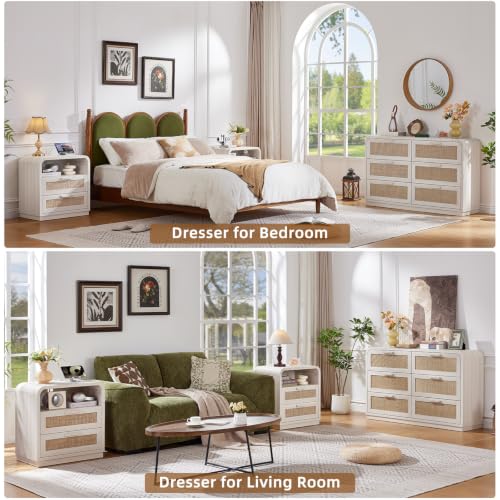 Image of LEYAOYAO Rattan 6 Drawer Dresser for Bedroom, Grey White | Modern 49 inch Wide Curved Dressers & Chests of Drawers with Solid Wood Handle & 5 inch Deep Drawers & Anti-Tip Safety