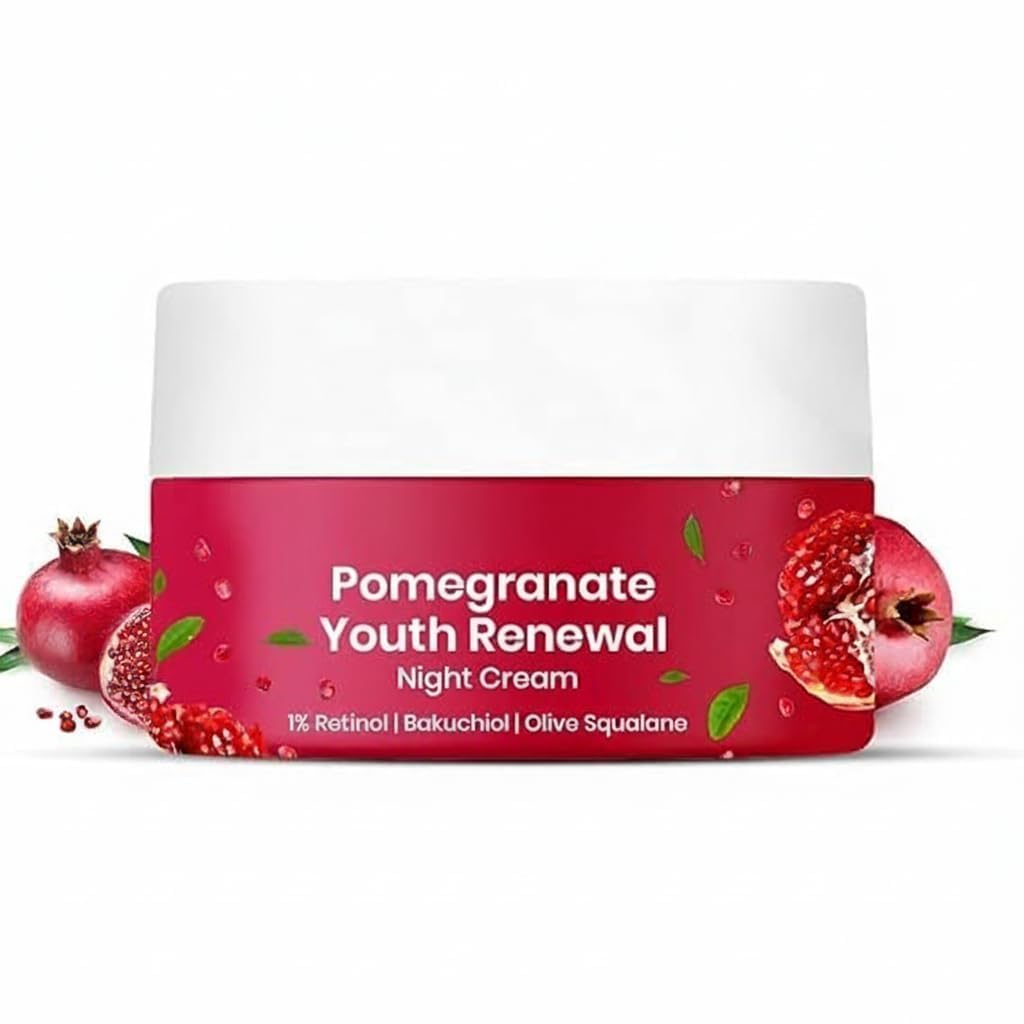 Pomegranate Youth Renewal Night Cream for Face – 1% Retinol, Bakuchiol & Olive Squalane – Hydrating & Nourishing Anti-Ageing Skin Cream – 50 g