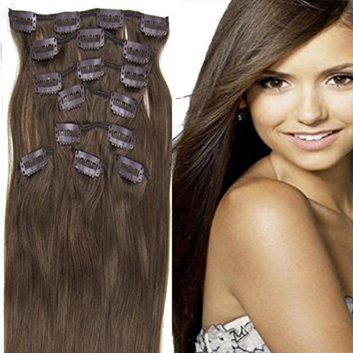 8PCS 100% Remy Real Human Hair Clip in Extensions 20" Straight (08 Chestnut Brown)