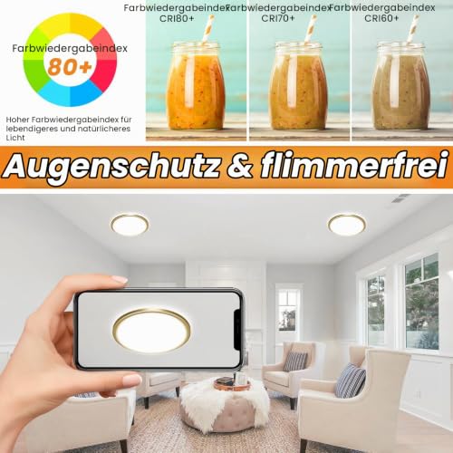 slochi LED Deckenleuchte Flach, 3Farben - 3000K/4000K/6500K, 900LM Ø12CM Klein Deckenlampe… – Ansicht 3