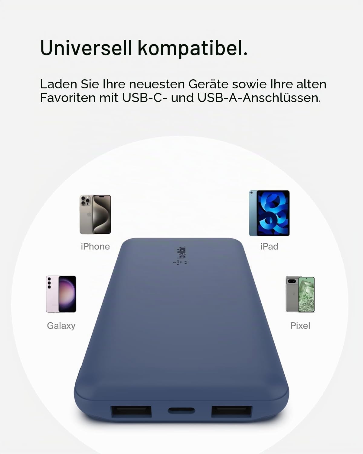 Belkin USB-C-Powerbank (10.000 mAh, 1 USB-C-Port und 2 USB-A-Ports zum Laden von iPhone, AirPods, iPad, Android- oder anderen Geräten mit bis zu 15 W) - Blau