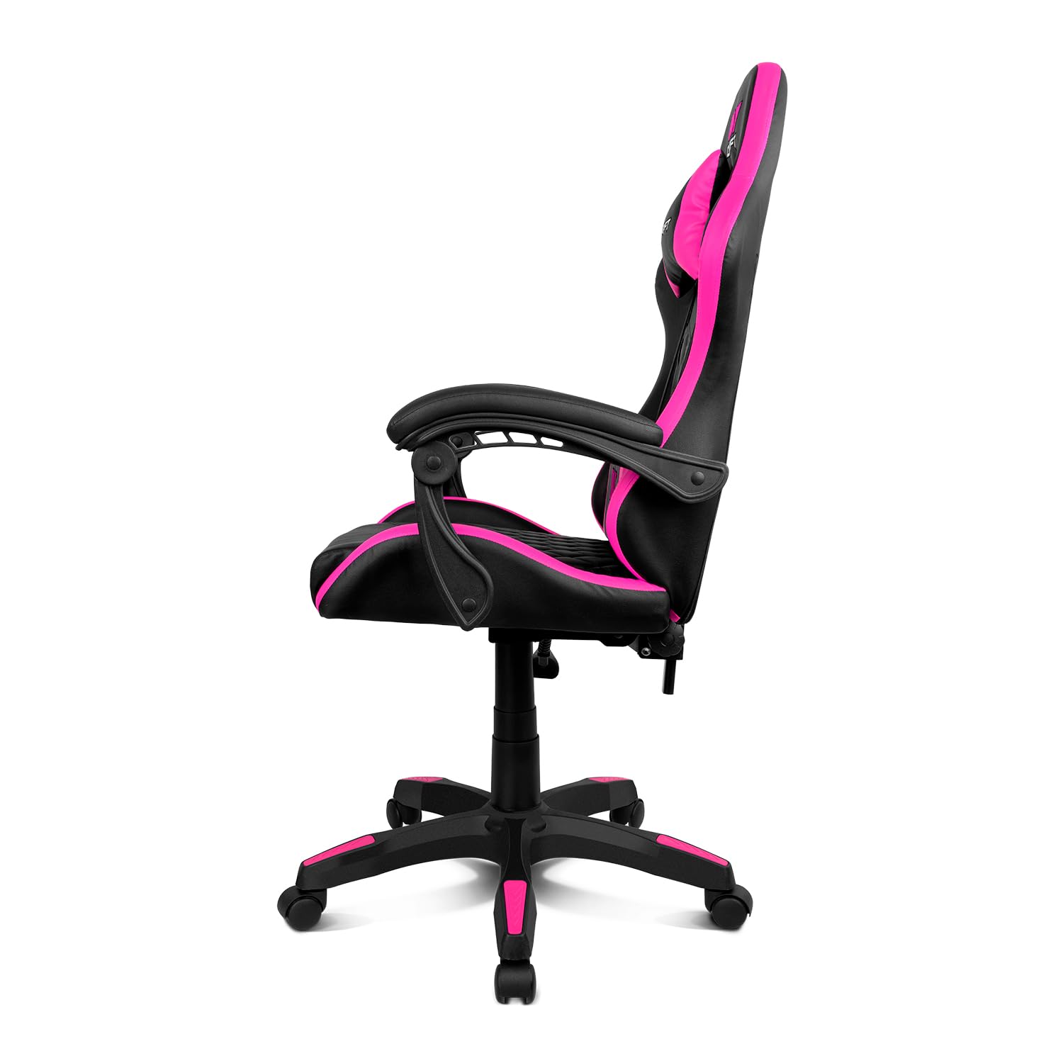DRIFT GAMING DR35 – Profesjonalny ergonomiczny fotel gamingowy z podparciem lędźwiowym i regulowanymi podłokietnikami 2D, odchylany do 135°, ciche koła, tapicerka ze skóry syntetycznej, Czarny/Fuksja