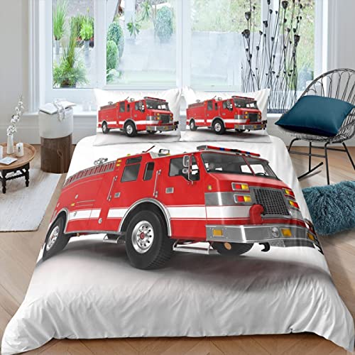 Housse de Couette 180x220 cm Adolescent Camion De Pompier Rouge Parure de Lit 2 Personne avec Fermeture Éclair Doux Respirant Confortable Microfibre Housse de Couette et 2 Taie d'oreiller 65x65 cm Cover