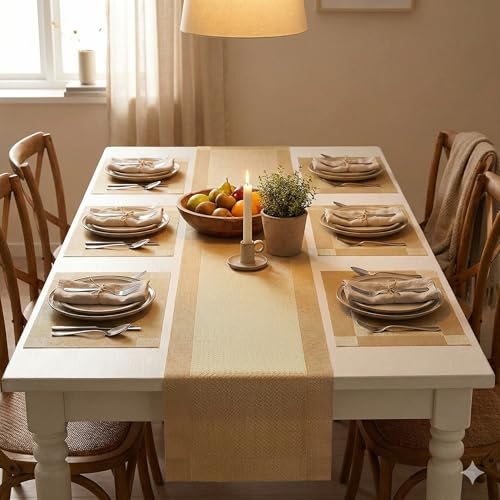 Image of YELONA Dining Table Placemats and Runner Set - Heat Resistant, Washable, Stain Resistant Mats - Woven Vinyl Plastic - Easy to Clean-(45x30 cm 6 Placemats, 180x30 cm 1 Runner)-Ideal for Stylish Dining