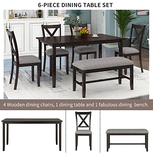 Image of LUMISOL Dining Table Set for 6, Solid Wood 6-Piece Kitchen Table with Bench & 4 Upholstered Chairs, Farmhouse Dining Room Set with Chairs for Kitchen Home Bar, Espresso