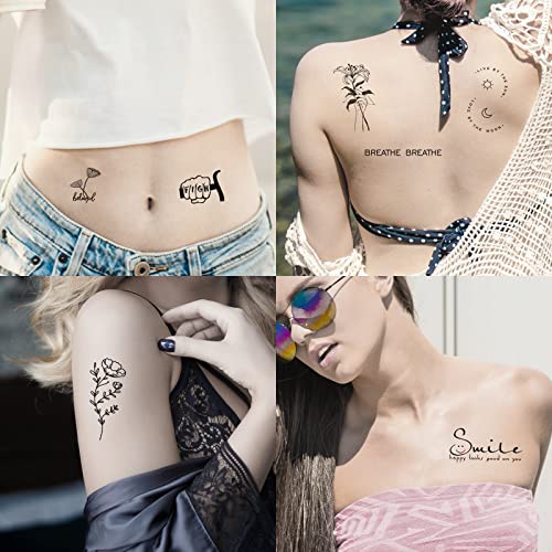 Image of 160+ PCS 74 Sheets Realistic Three Types Fake Temporary Tattoos, Include 40 Sheets Inspirational Quotes Words Tattoos, 22 Sheets Wild Flower Tattoos, 12 Sheets Small Flower Tattoo Stickers For Women