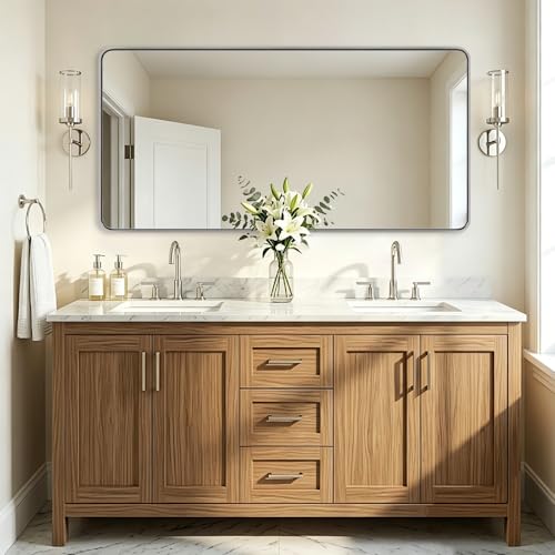 Image of ANDY STAR 24''x48'' Chrome Bathroom Mirrors, Rounded Rectangle Bathroom Wall Mirror in 1'' Rustproof Tube Metal Frame, Decorative Mirror Hang Horizontal /Vertical for Bathroom Remodel,HD Glass