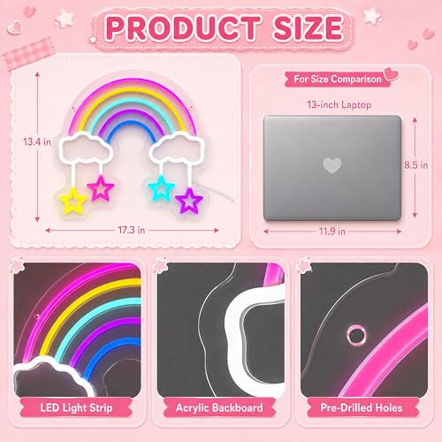 Image of Rainbow Star Neon Sign, Colorful LED Wall Light, USB Powered Dimmable Rainbow Sign for Girls Bedroom, Nursery, Playroom and Classroom Decor, Room Makeover Gift Idea, 17.3 x 13.4 Inches
